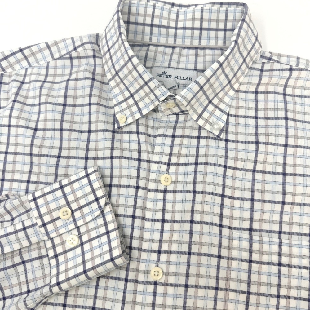 Peter Millar Performance Plaid Button Down Shirt Mens Large Blue Grey Check